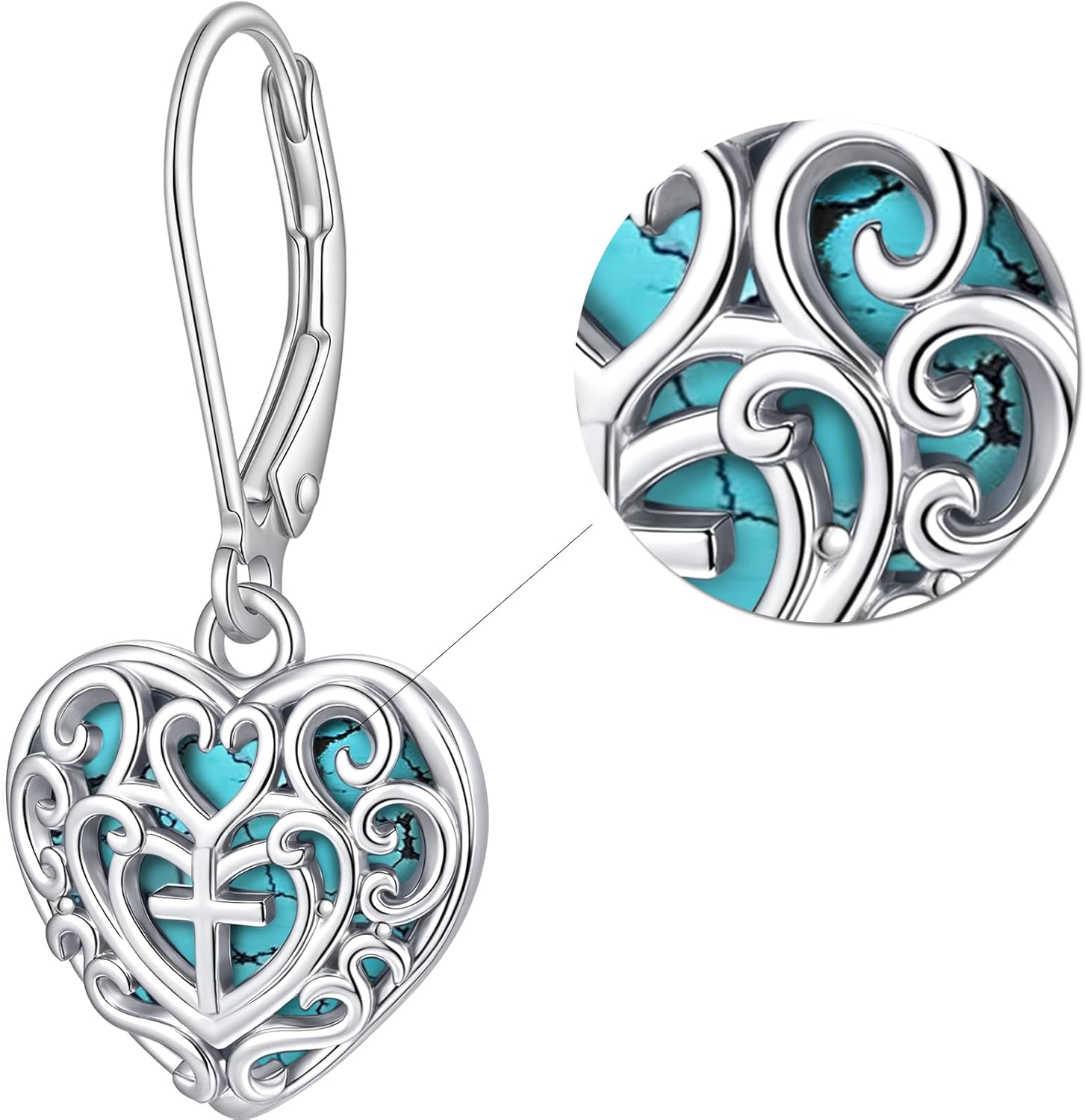 Turquoise Dangle Earrings for Women Sterling Silver Cross Heart Earrings Filigree Leverback Jewelry Mothers Day Gift - Image 9