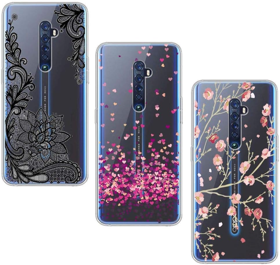 LJSM Case for Oppo Reno 2 (6.5") [3 pieces] Backcover Transparent Silicone Soft TPU Bumper Clear Cover Flexible Gel Shell Skin Protector Case, Love + Red Flower + Black Flower