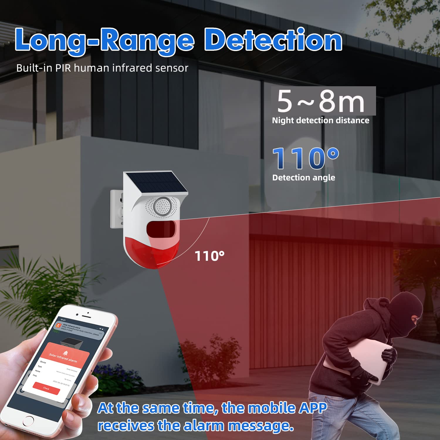 Detector de movimiento Alarma, 120 dB, sensor de movimiento PIR con mando a distancia, IP65, resistente al agua, luz solar intermitente (T378-1)