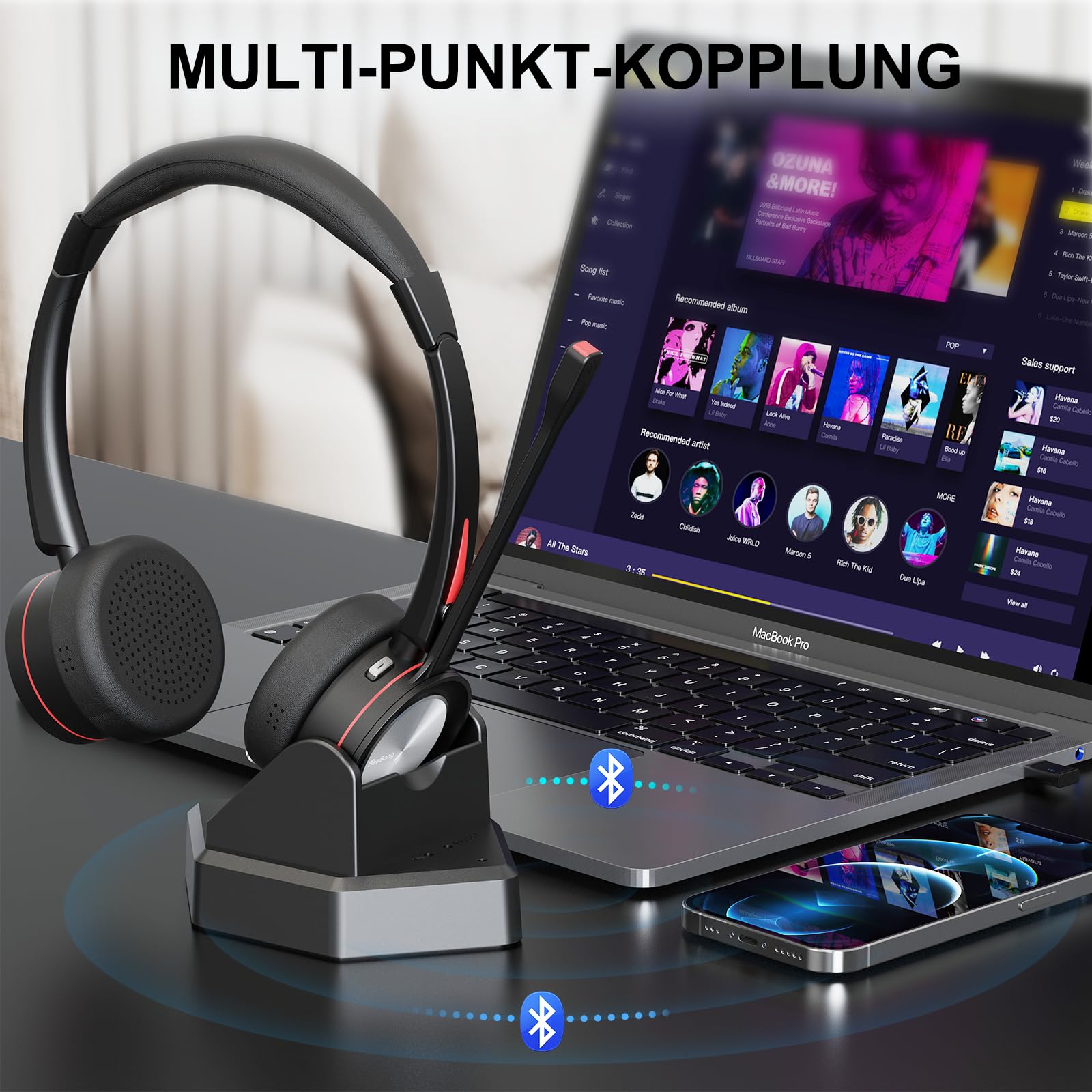 Cuffie Bluetooth con microfono per PC, cuffie wireless con adattatore USB e stazione di ricarica, 40 ore di conversazione, cuffie wireless per ufficio, lavoro, laptop, cellulare, Microsoft