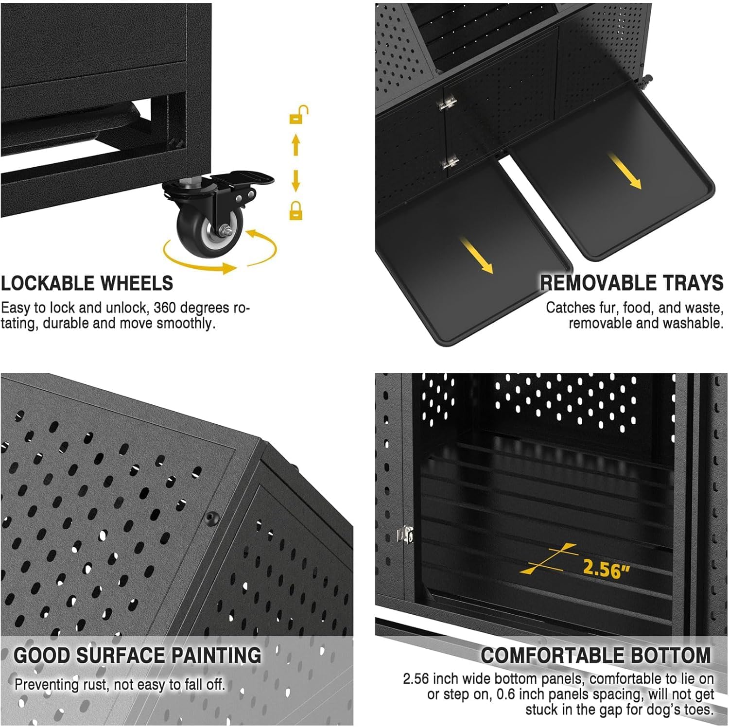 44 inch Heavy Duty Indestructible Dog Crate, Escape Proof Dog Cage Kennel with Lockable Wheels, High Anxiety Double Door, Extra Large Crate Indoor for Large Dog with Removable Tray
