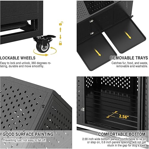 Miniatura 6 de Jaula de perro indestructible resistente de 44 pulgadas, jaula para perros a prueba de escape, con ruedas bloqueables, puerta doble de alta