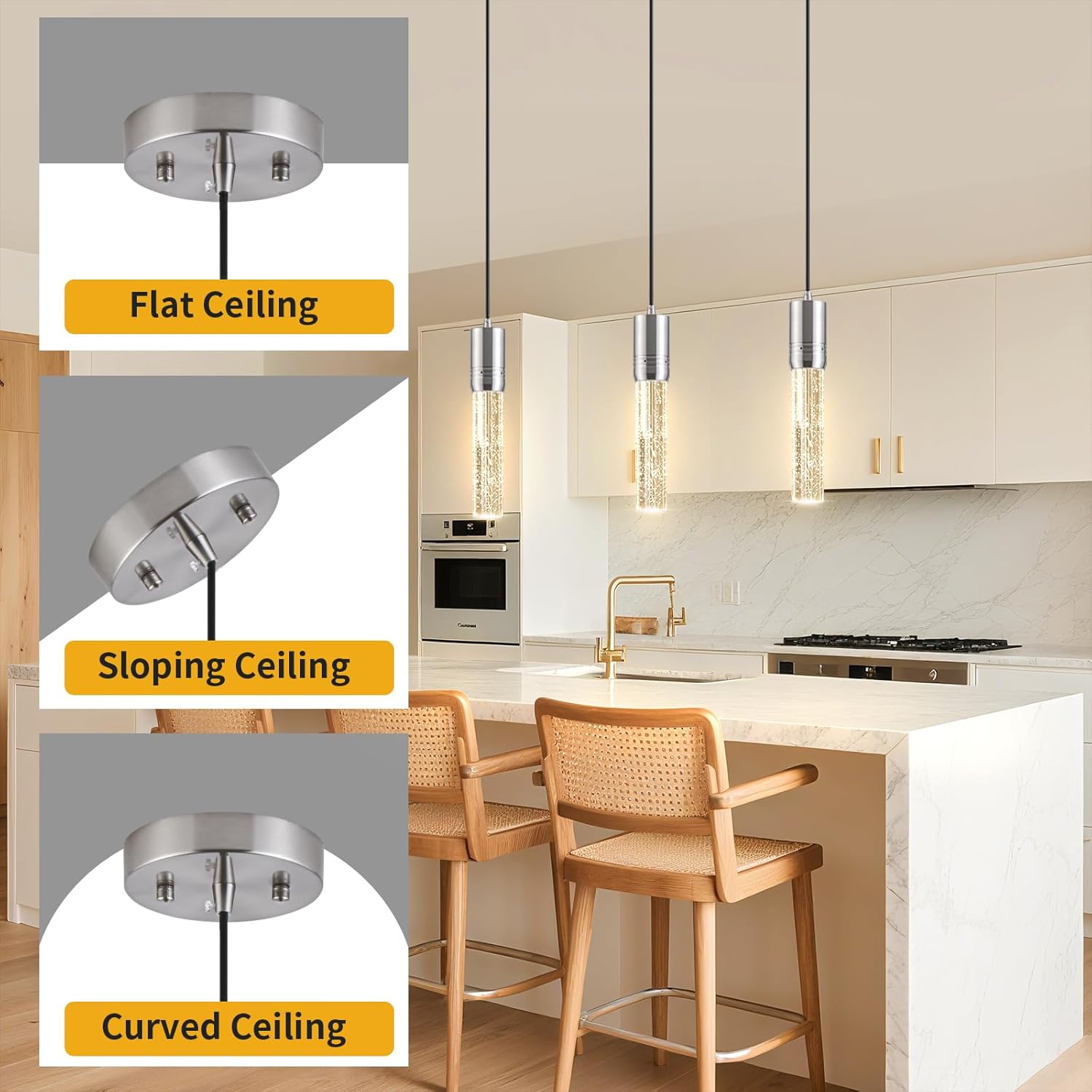 Brushed Nickel Pendant Lights Kitchen Island, Crystal Bubble Pendant Lights, Adjustable Modern Pendant Light Fixtures for Dining Living Room Bedroom 3 Pack