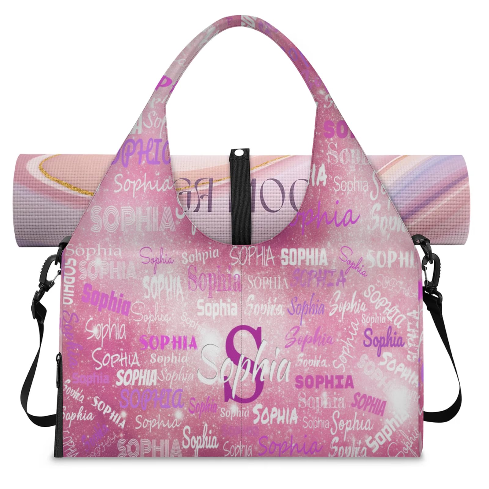 KFNHN Custom Name Gym Bag for Women with Shoe Compartment, Personalized Yoga Mat Bag Weekender Bag with Shoulder Strap, Watercolor Pink Galaxy Background
