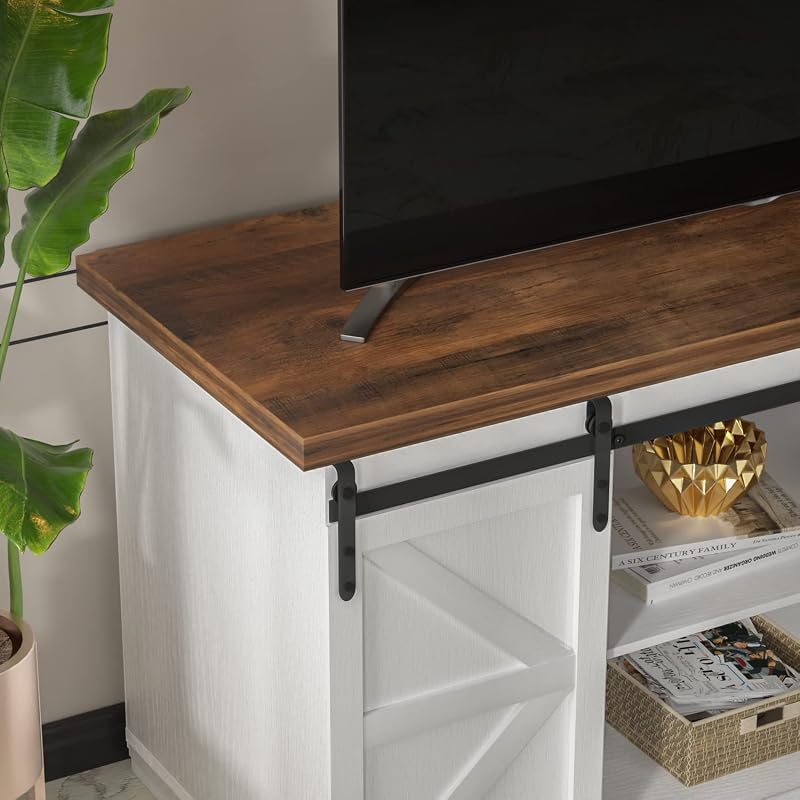 JUMMICO TV Stand for 65 Inch TV, Sliding Barn Doors, Bright White image 2