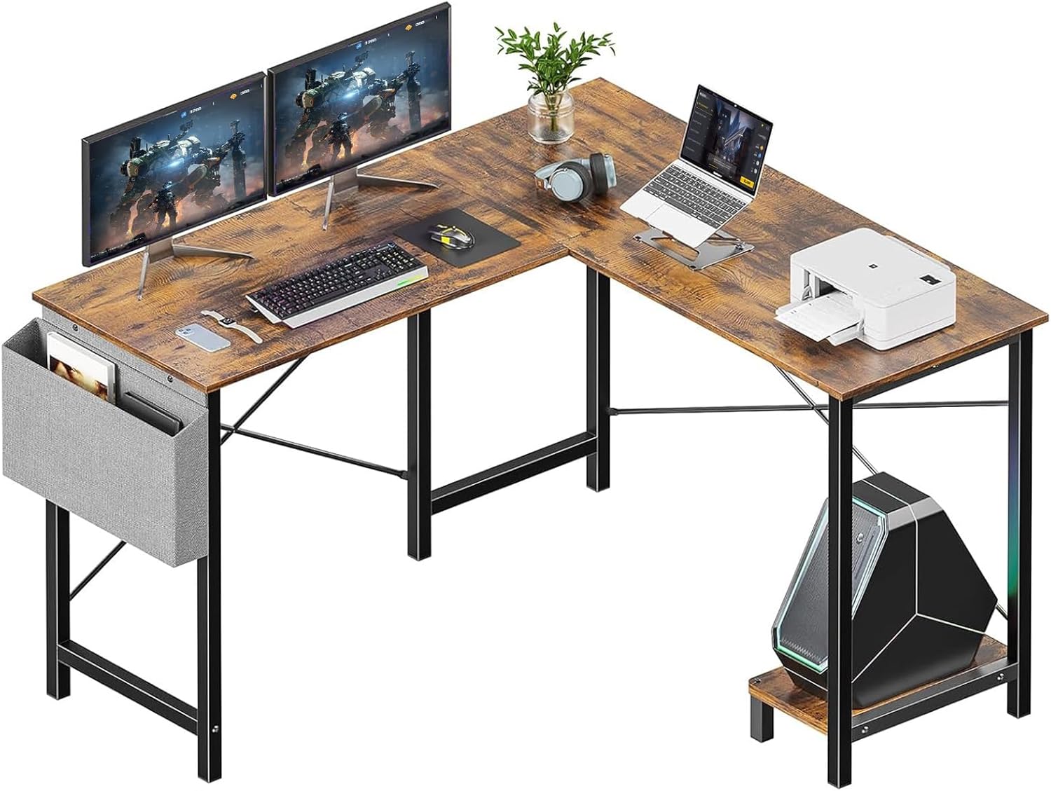 L Shaped Gaming Desk Computer Table for Corner Home Office Small Space, 50" PC Study Desks for Gaming Writing Working, Reversible Gamer Desk with CPU Stand, Side Storage Bag, Brown