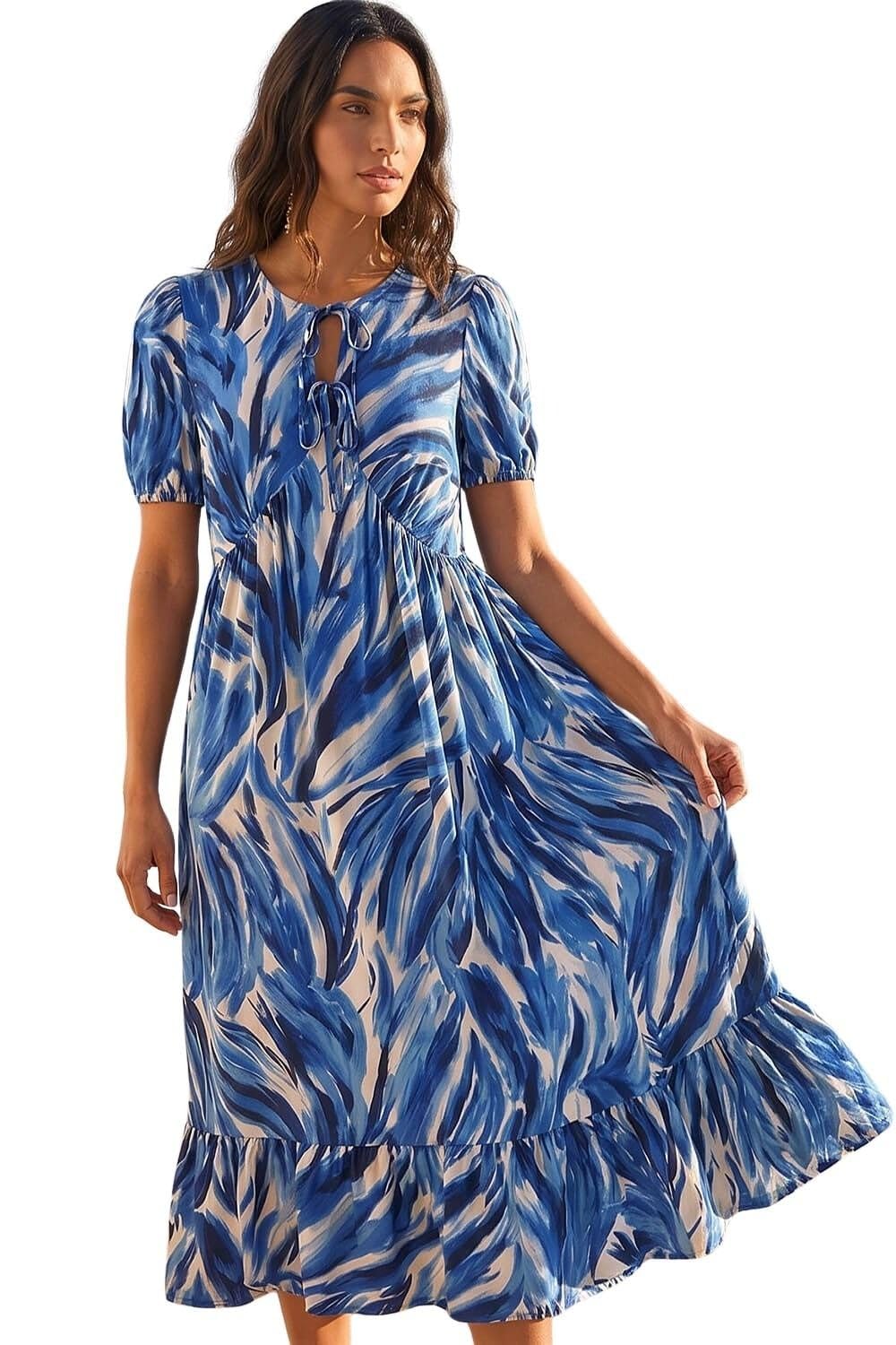 Roman Originals Abstract Print Tie Front Smock Dress for Women UK - Ladies Everyday Autumn Winter Round Neckline Comfy Soft Evening Vacation Work Party Night Out - Blue - Size 12