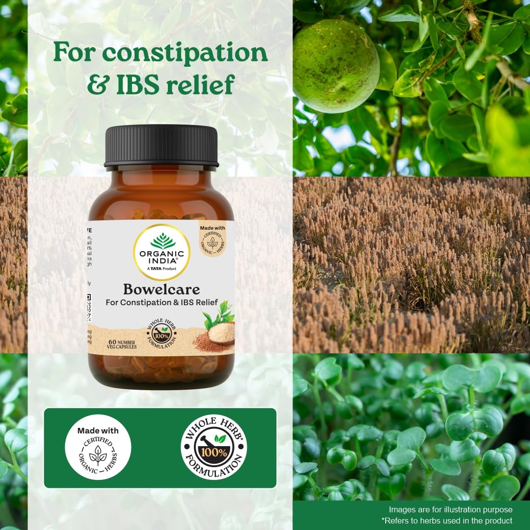 A TATA Product - Organic India Bowelcare - 60 Veg Capsules, Helps Relieve Constipation, Hyperacidity & IBS, Clean & Lubricate Bowel, Normalizes Digestion & Elimination, GMP & NPOP Certified Organic 1