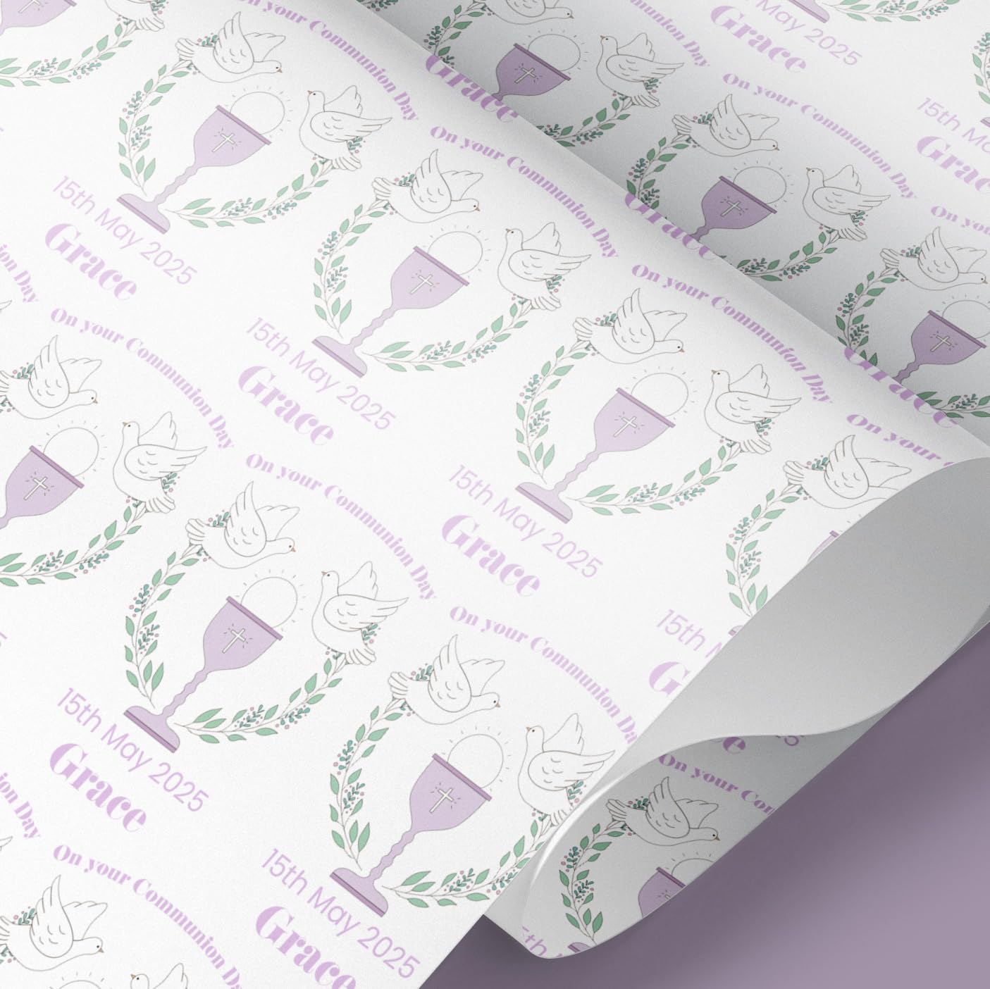 Personalised Pink Holy Communion Wrapping Paper | Personalised Wrapping Paper Rolls - 61cm Width | First Holy Communion Wrapping Paper | Custom Name Wrapping Paper | Present Idea | (Pink, 2mt)