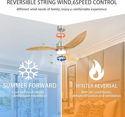 Miniatura 2 de Ventilador de techo de madera de 52 pulgadas con luces y control remoto, 3 aspas, luz regulable de 6 velocidades, ventilador de techo reversible con
