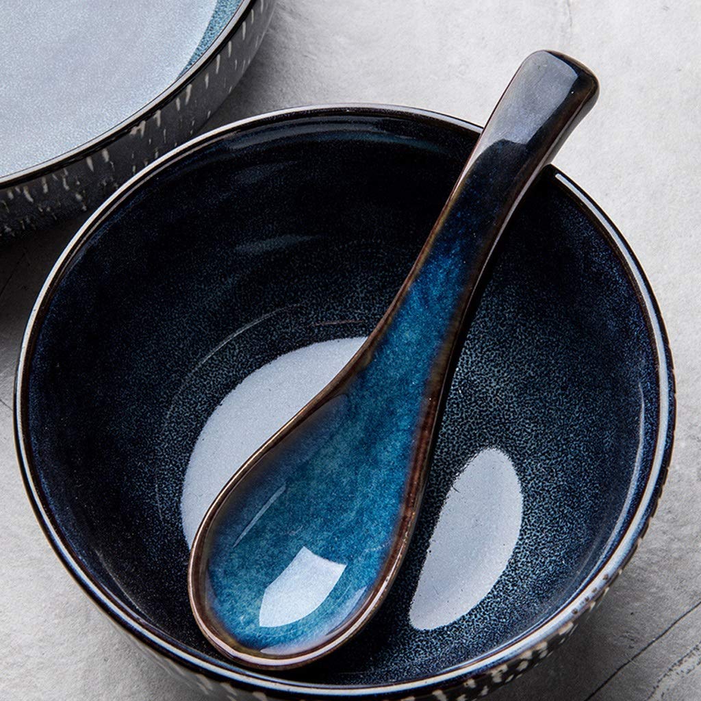 Cuillères à Soupe en céramique Asiatique Bleue et Marron foncé, cuillères à thé, 5,5 Pouces de Long, Lot de 4 cuillères de Service