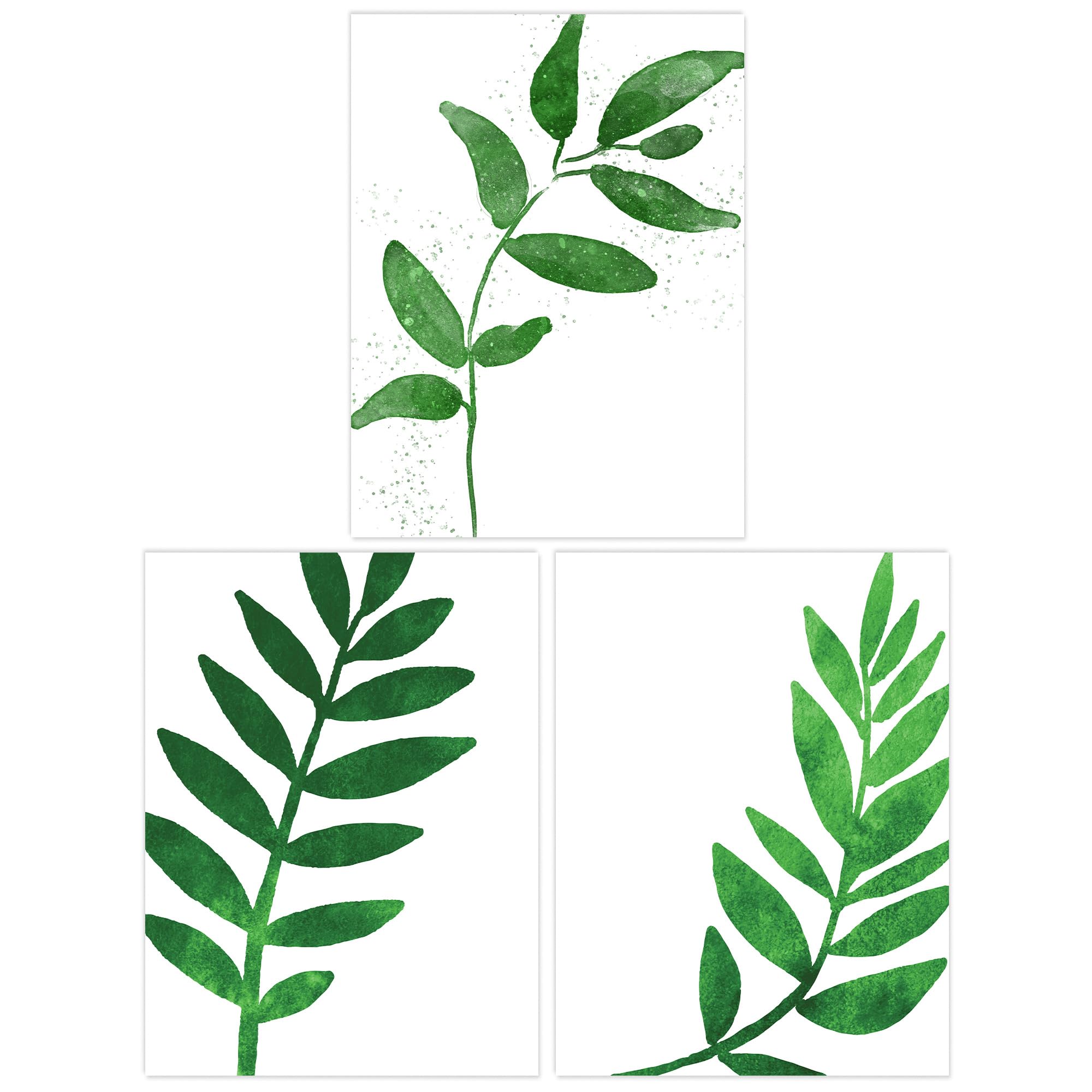 Wee Blue Coo Pack of 3 A4 Simple Elegant Plant Leaf Foliage Bright Green Watercolour Unframed Wall Art Living Room Prints Set