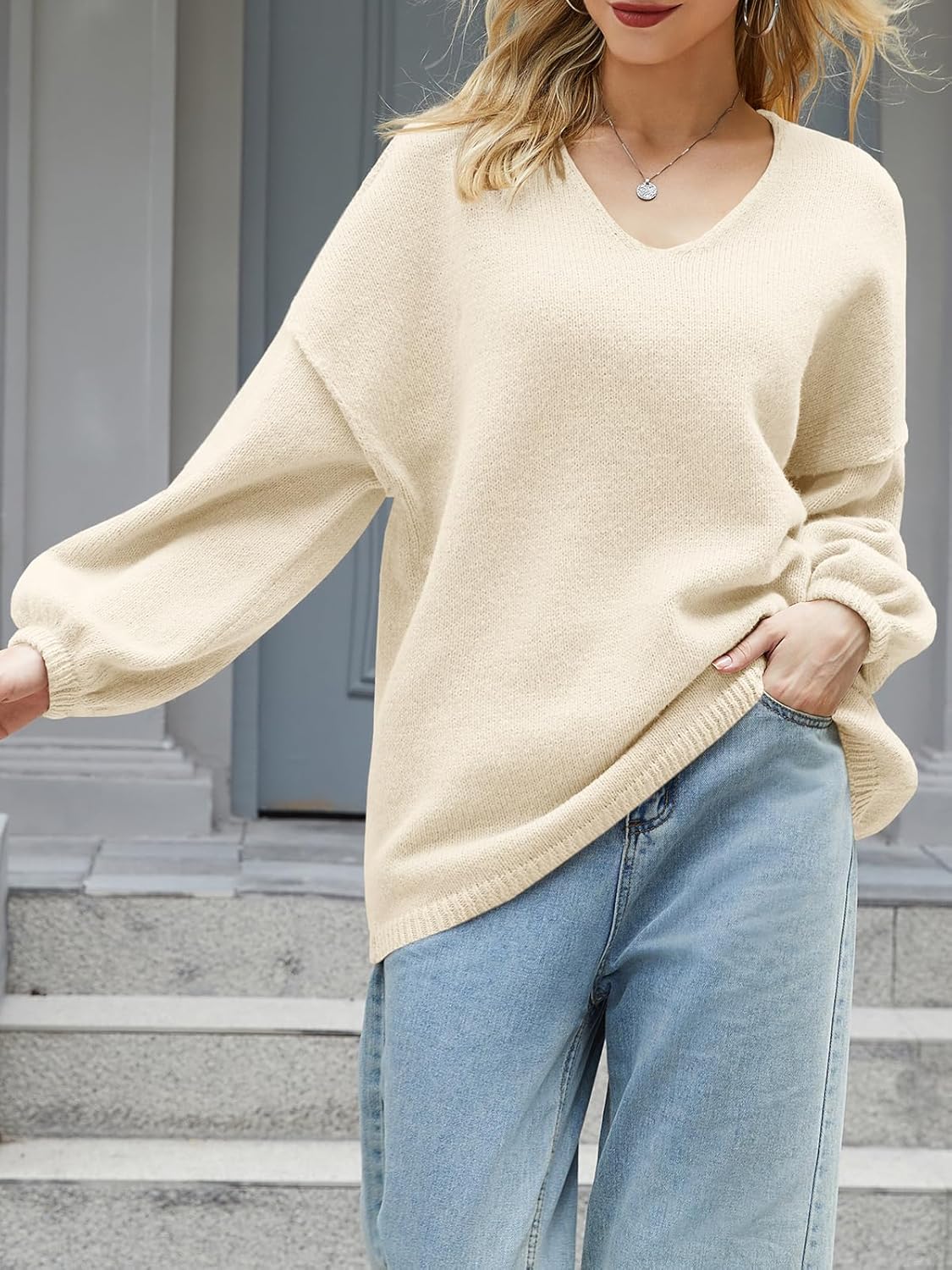 UNCLECAT Womens Oversized V Neck Sweaters Chunky Knit Long Lantern Sleeve Fall Winter Slouchy Tunic Casual Sweater Tops 2025 - Image 5