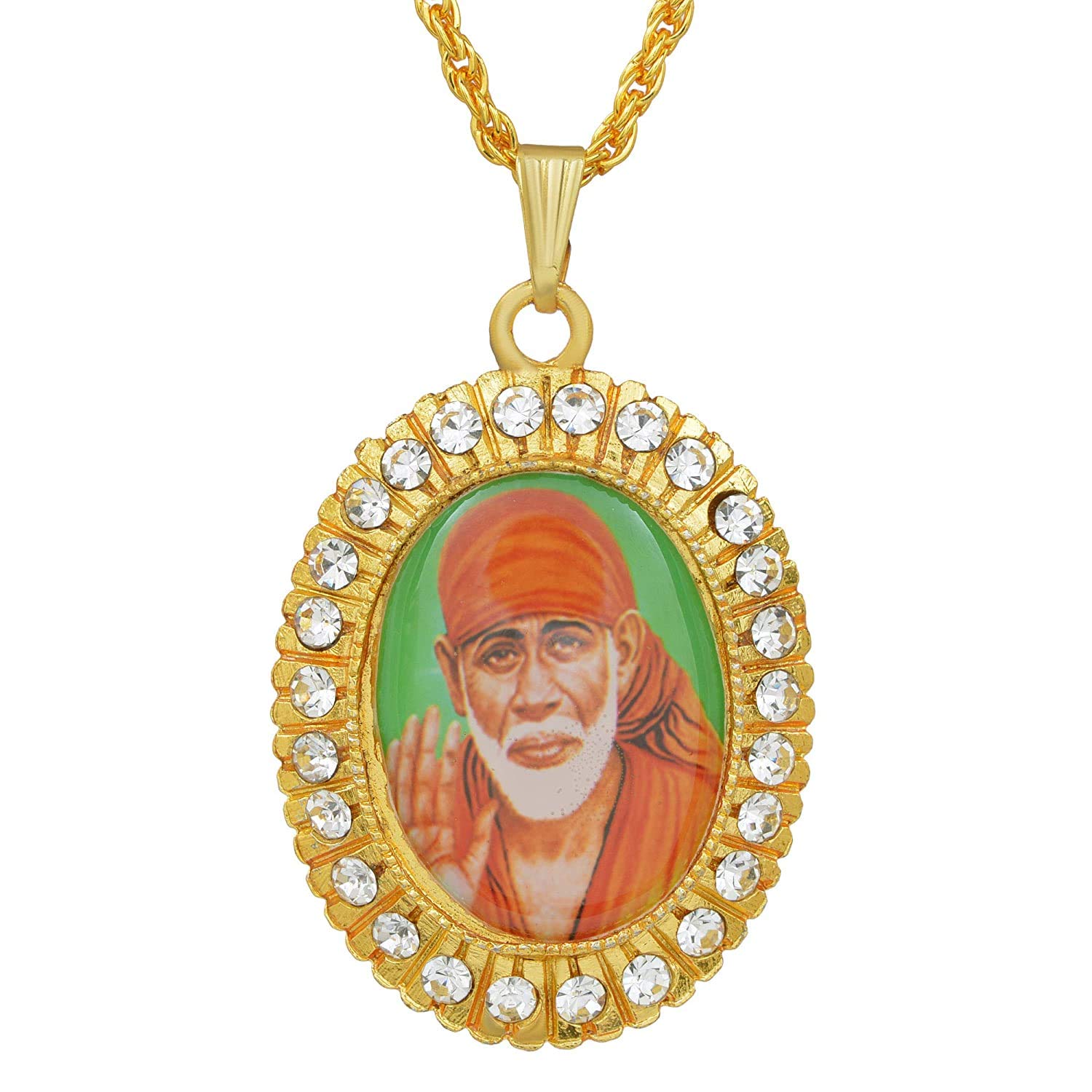 Gold Plated Brass CZ Studded Oval Shape Shirdi Sai Baba Hindu God Rope Chain Pendant Locket Necklace-image-4