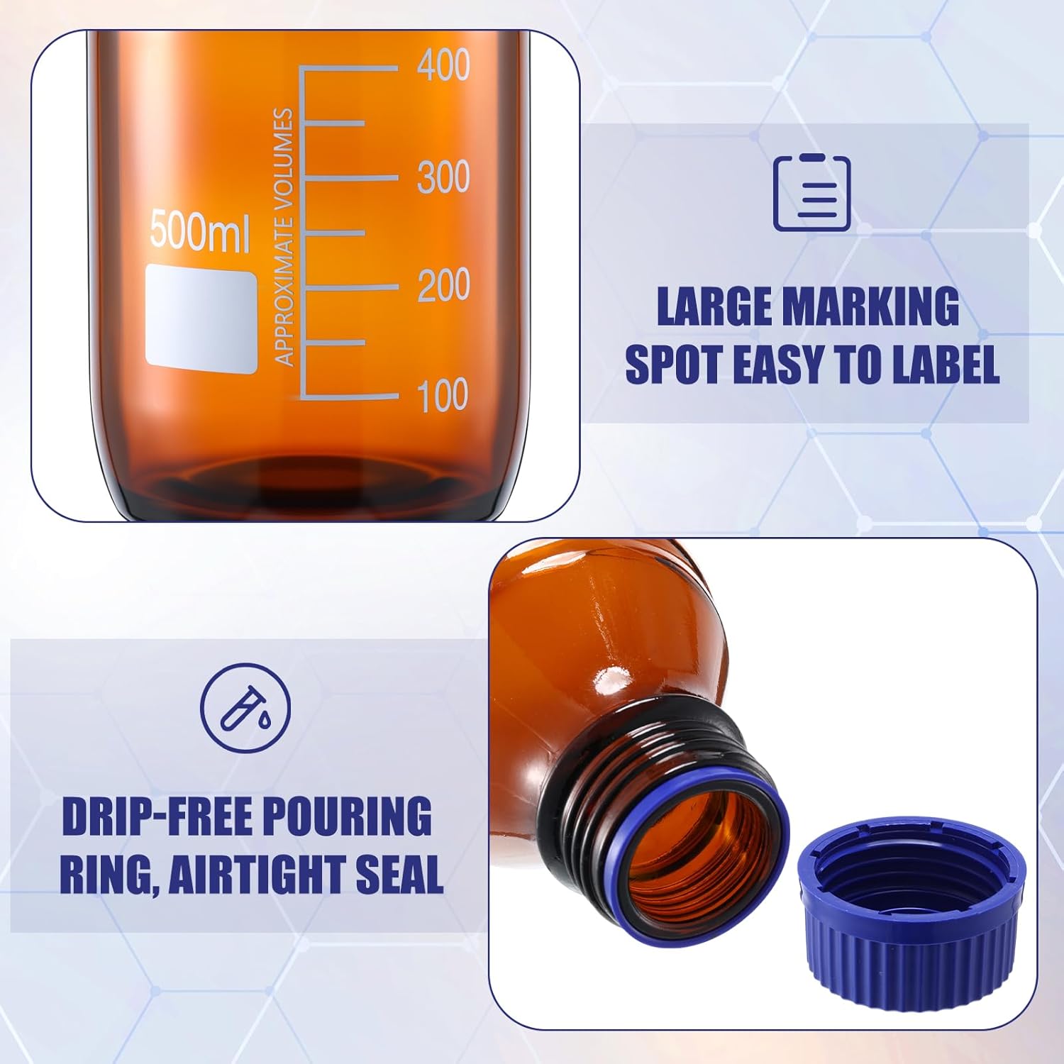Tellegloww 6 Pieces 500 ml Reagent Media Bottles Amber Glass Graduated Round Lab Reagent Media/storage Bottle with Blue Screw Cap