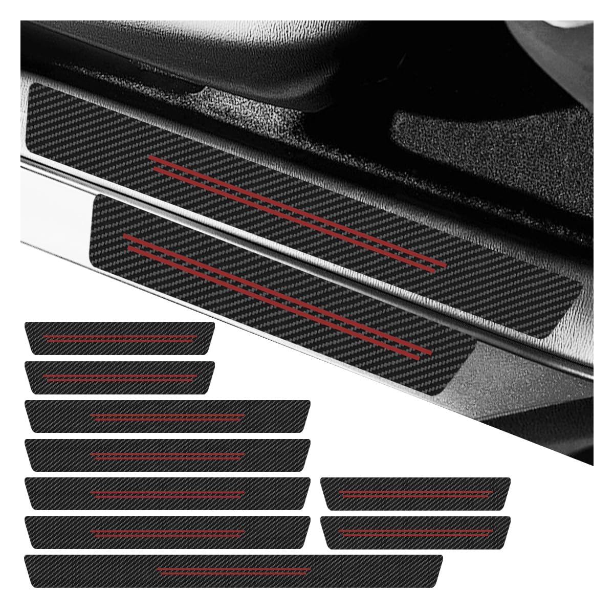 YMXFENBINGFAFAFA 9 PCS Car Door Sill Protector Carbon Fiber Stickers for Peugeot 208 II P21 2019-2026, Automotive Scuff Plate Guards Anti-Scratch Paint Protection Decal Kit,Red