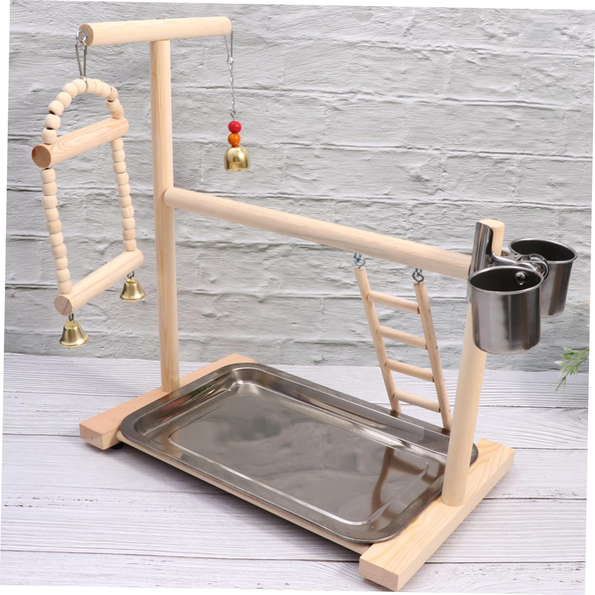 DOITOOL Supporto da Gioco per Pappagalli in Legno e Acciaio Inox, Ciotola, Dondolo e Campanella, per Gabbia e Giardino Colore Casuale