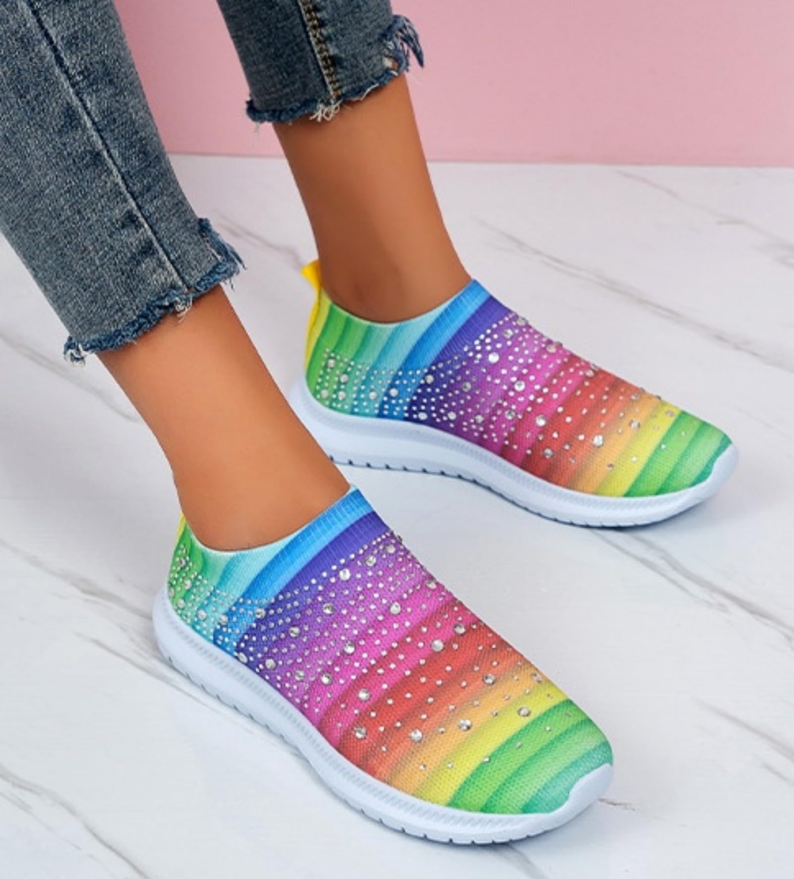 Scarpe da ginnastica da donna con strass, leggere, traspiranti, per danza e camminata