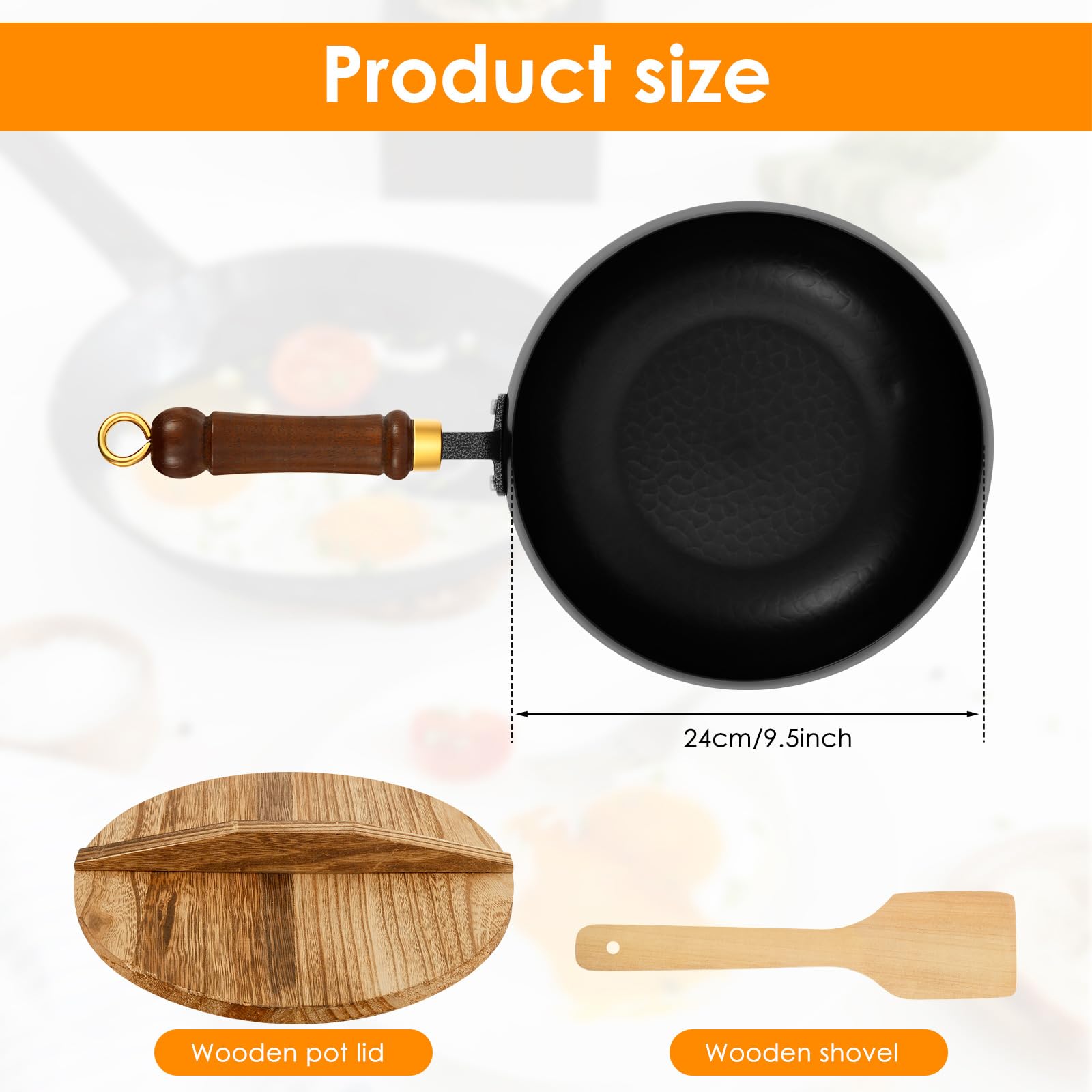 Tcwhniev 9.5 in Uncoated Iron Pan with Lid and Spatula, Nonstick Hand Forged Pot, Heat Retention Cast Iron Pan for Cooking