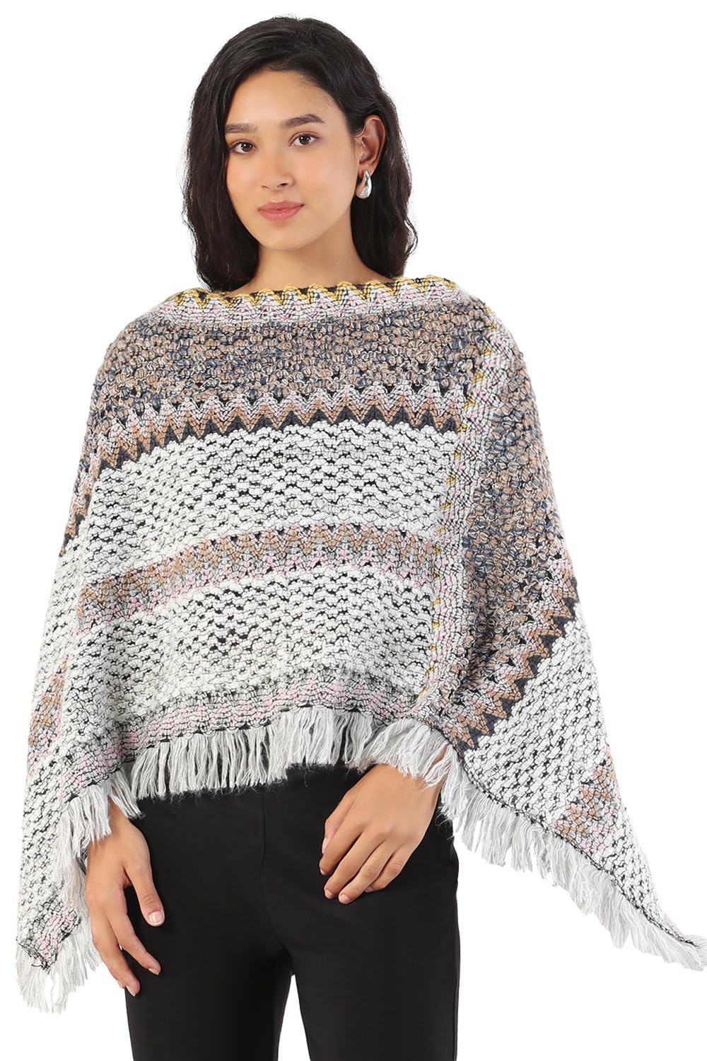 SHOWOFF Women's Round Neck Striped Grey Poncho-CHN-178_Grey-image-32
