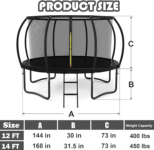 Miniatura 7 de Trampolín de 12 pies y 14 pies para niños y adultos  Trampolines recreativos al aire libre con red de recinto, postes curvados y escalera, cama