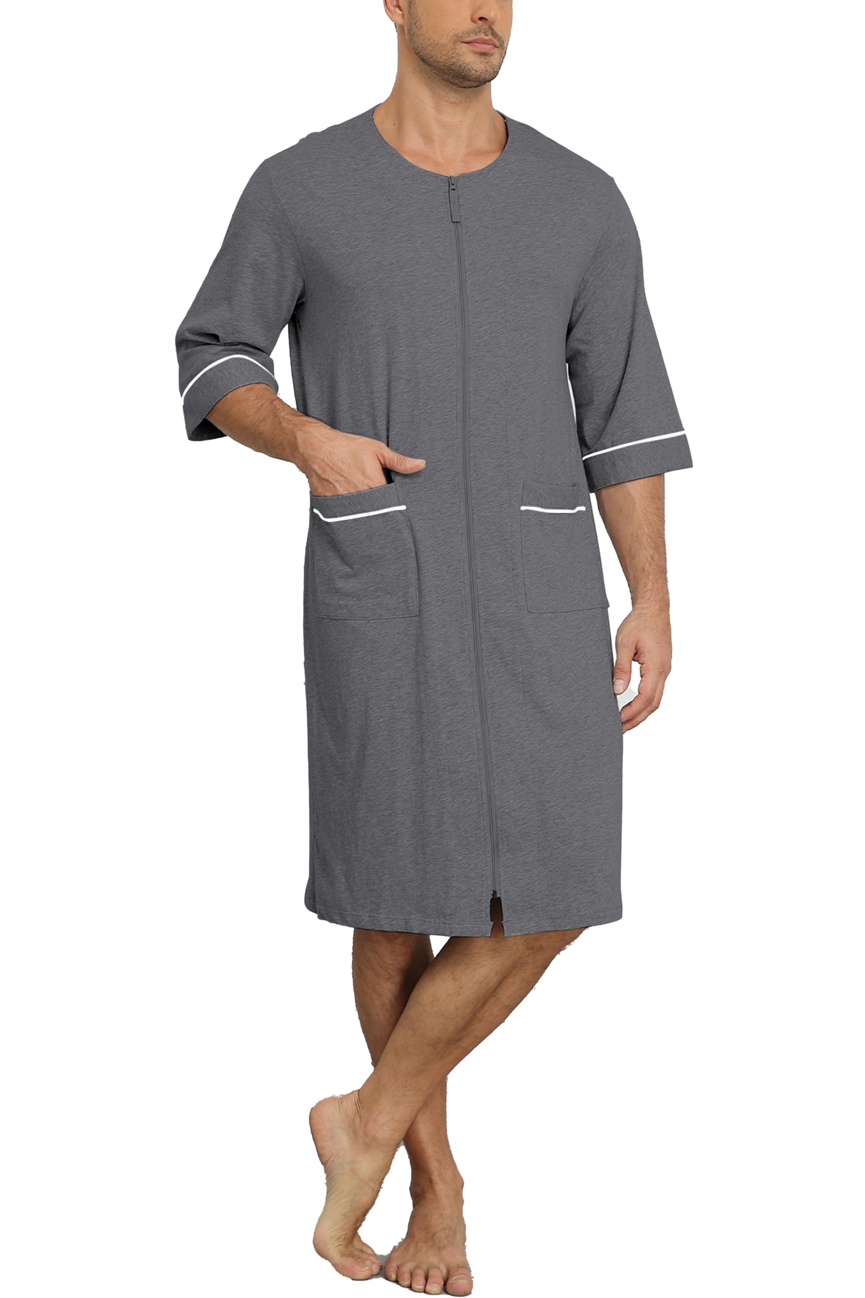 COLORFULLEAF Herren-Bademantel aus 100 % Baumwolle, weicher Reißverschluss, kurzärmelig, Sommer-Kimono, Hausmantel mit Taschen