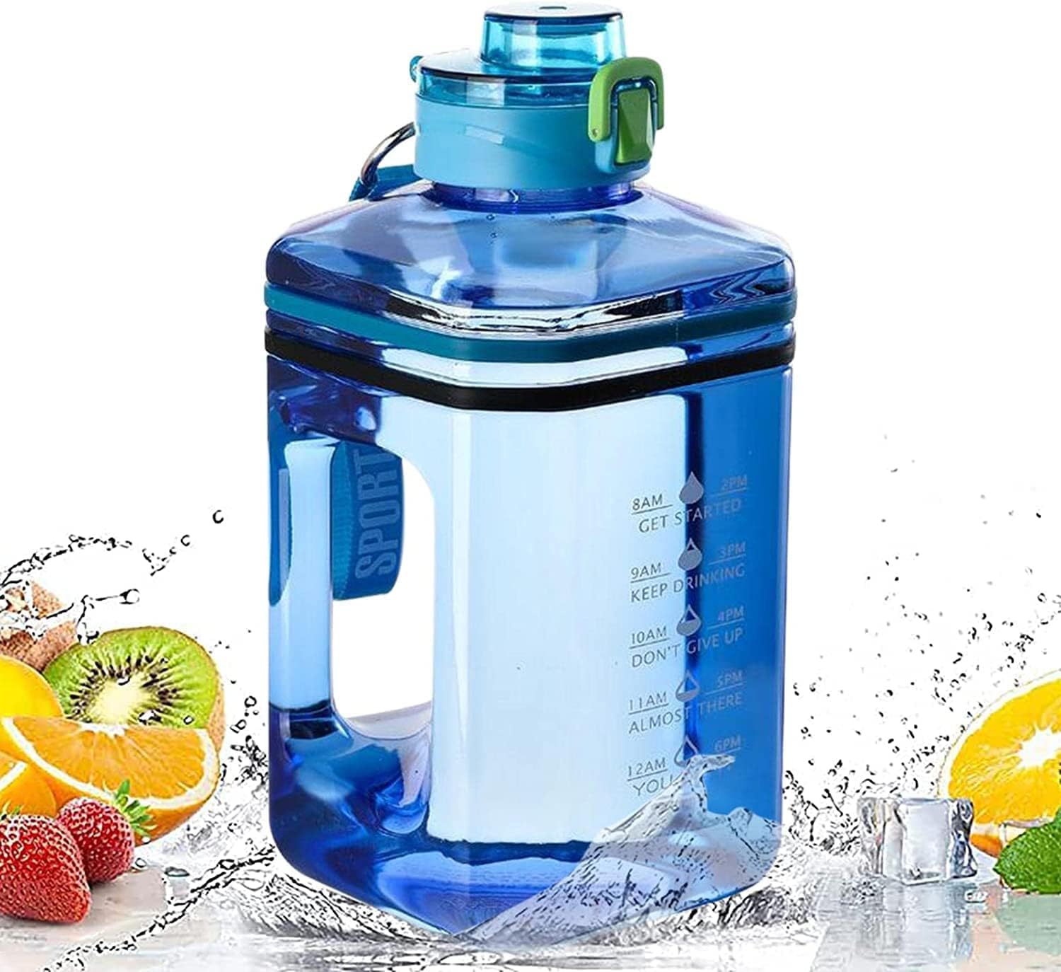 Cloyster 2.2 L Drinking Bottle with Chug Lid, BPA-Free Dishwasher Safe, Water Bottle with Motivation Time Marker and Handle, Leak-Proof, Large Water Jug for Camping, Sports, Workouts (Blue)