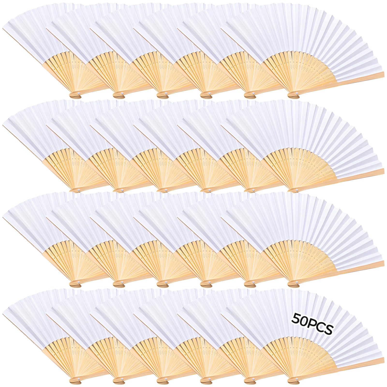 50 Stk. Fächer für Hochzeit, weiße Fächer aus Papier und Bambus, faltbar, schlichtes elegantes Design, für Zeremonie, Party und Sommerveranstaltungen