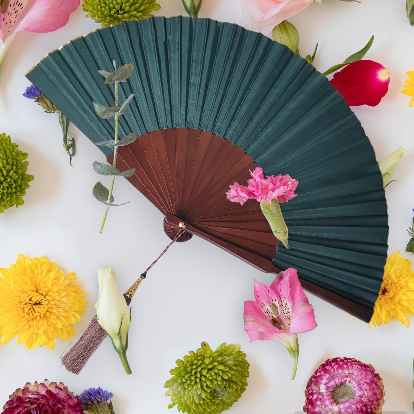 Exotic Jungle Green Folding Hand Fan, 9 inches, Handmade in Bali Indonesia for Church Weddings Parties, Keep Cool in Style, Boho Gift for Mom and Grandma, Home Decoration image 3