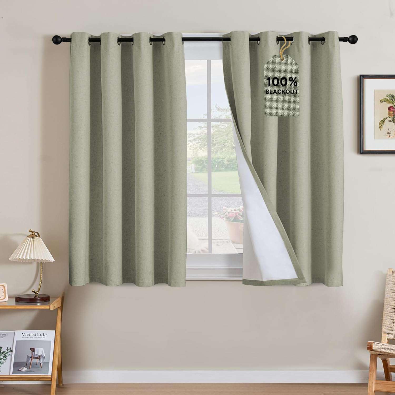H.VERSAILTEX Linen Curtains 100% Blackout Curtains for Bedroom 45 inch Long Full Light Blocking Nature Linen Blended Window Curtains for Living Room Nickel Grommet (2 Panels, Heathered Tea)