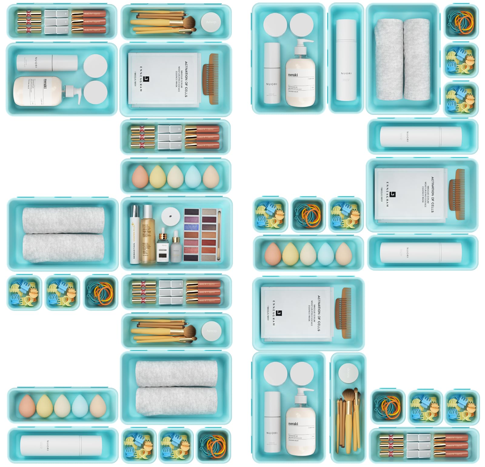 Photo 1 of ???????A-LUGEI Plastic Blue-Green Desk Drawer Organizer Tray Divider Set, Makeup Organization and Storage Bin Container for Office Utensils Bathroom Kitchen Bedroom Gadget Pantry Cosmetic Jewelry Blue-Green 32pcs