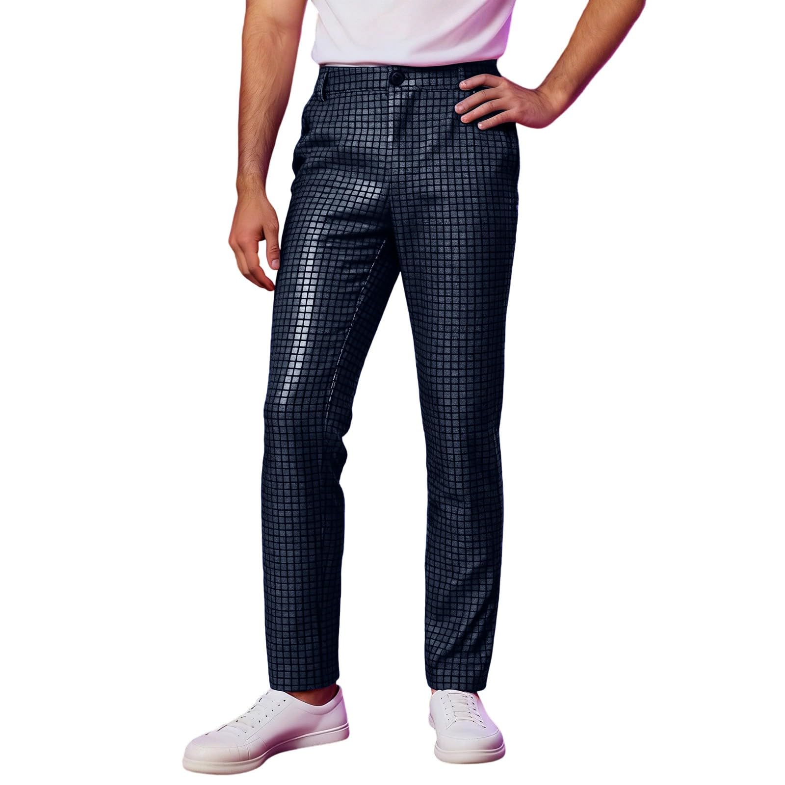 Men's Sparkly Sequin Trousers Disco Hip Hop Dance Flared Pants Glitter Carnival Performance Costume Fashion Clothes B- Black