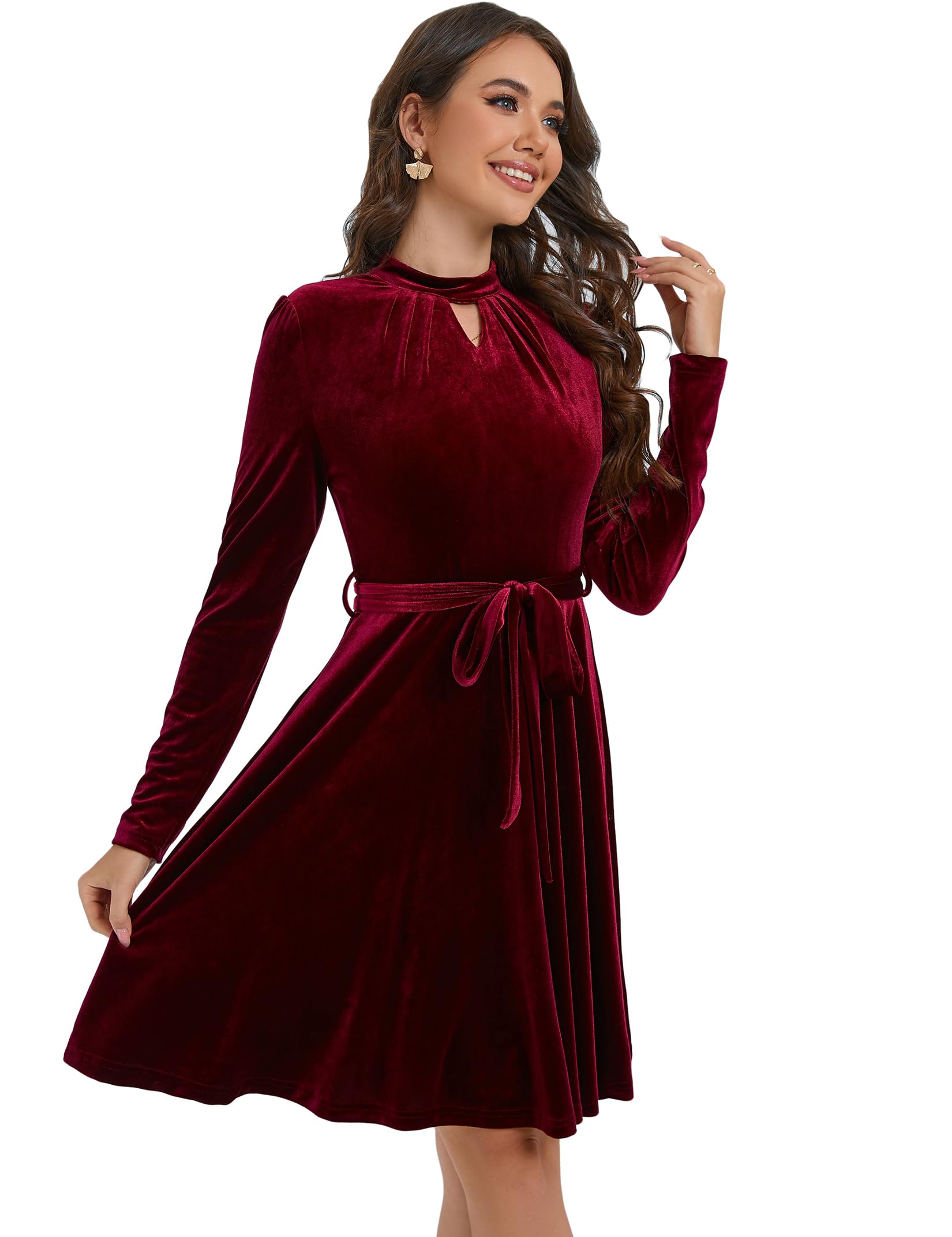 KOJOOIN Samtkleid Damen Kurz Elegant Satin Cocktailkleid Langarm Rockabilly A-Linien Festlich Kleid mit Gürtel（Verpackung MEHRWEG）