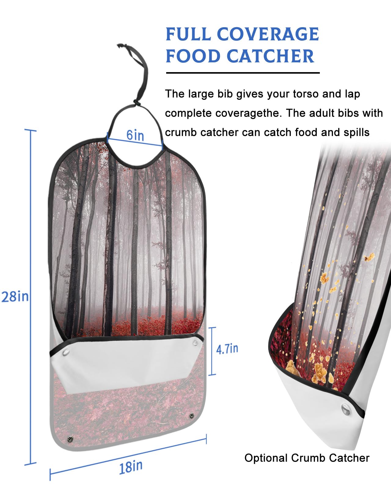 LEOKOTI Red Forest Adult Bibs for Eating, Waterproof Bibs with Food Catcher & Adjustable Snap Closure, Fall Maple Leaf Natural Landscape Washable Clothing Protectors Adult Bibs for Elderly Women/Men