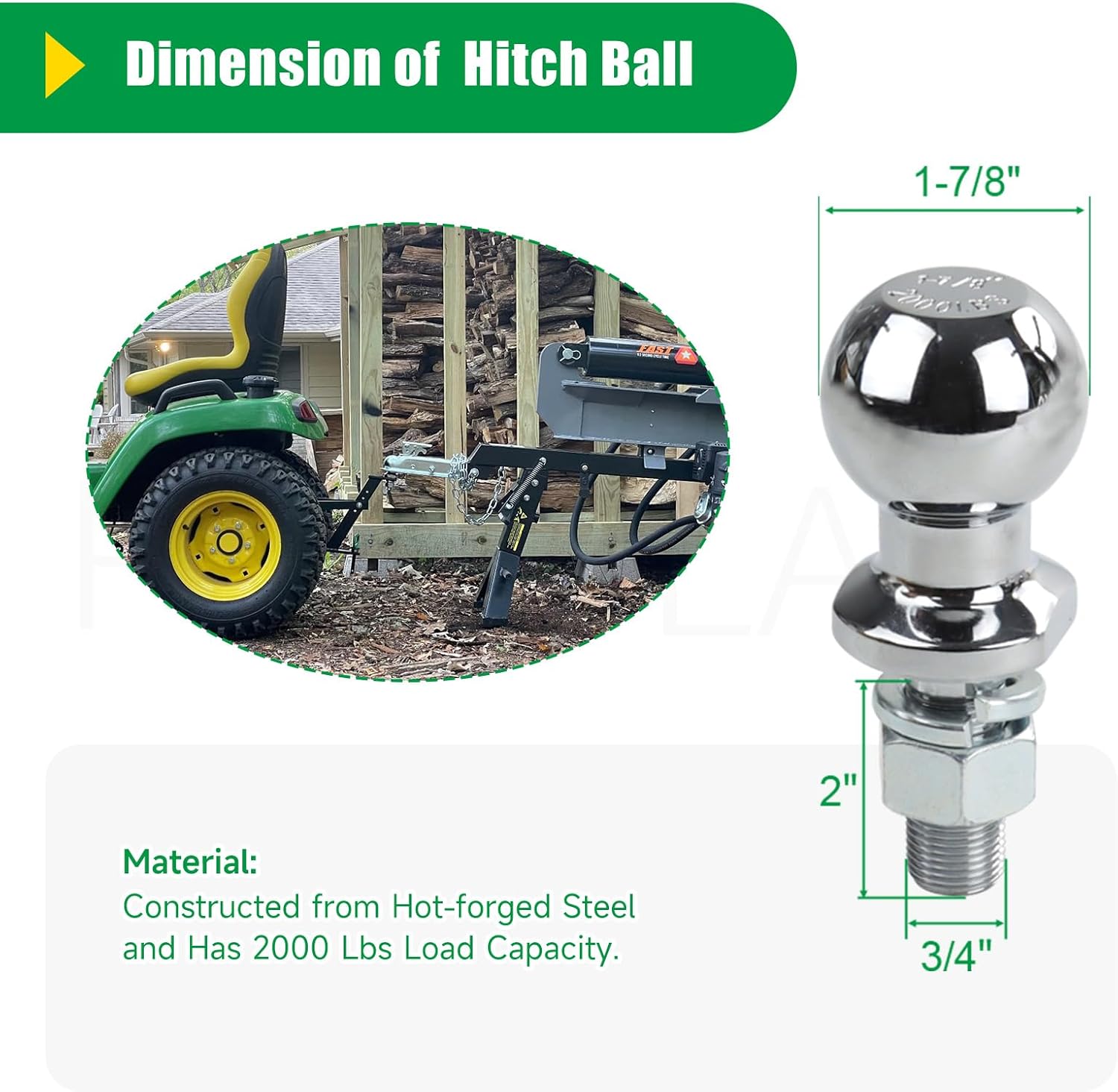 Lawn Mower Trailer Towing Hitch with 1-7/8" Chrome Trailer Hitch Ball, 3/4 x 2-Inch Ball Shank, 2,000 lbs, Garden Tractor Pro Hi Hitch for Riding Mower