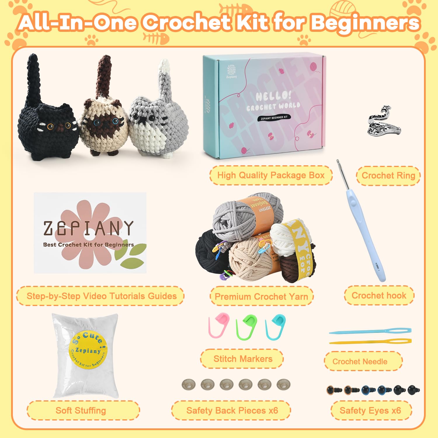 Zepiany Kit de ganchillo para principiantes, kit de ganchillo para adultos, amigurumi, animales de ganchillo, manualidades, kits de ganchillo para pasatiempos, kit de ganchillo fácil