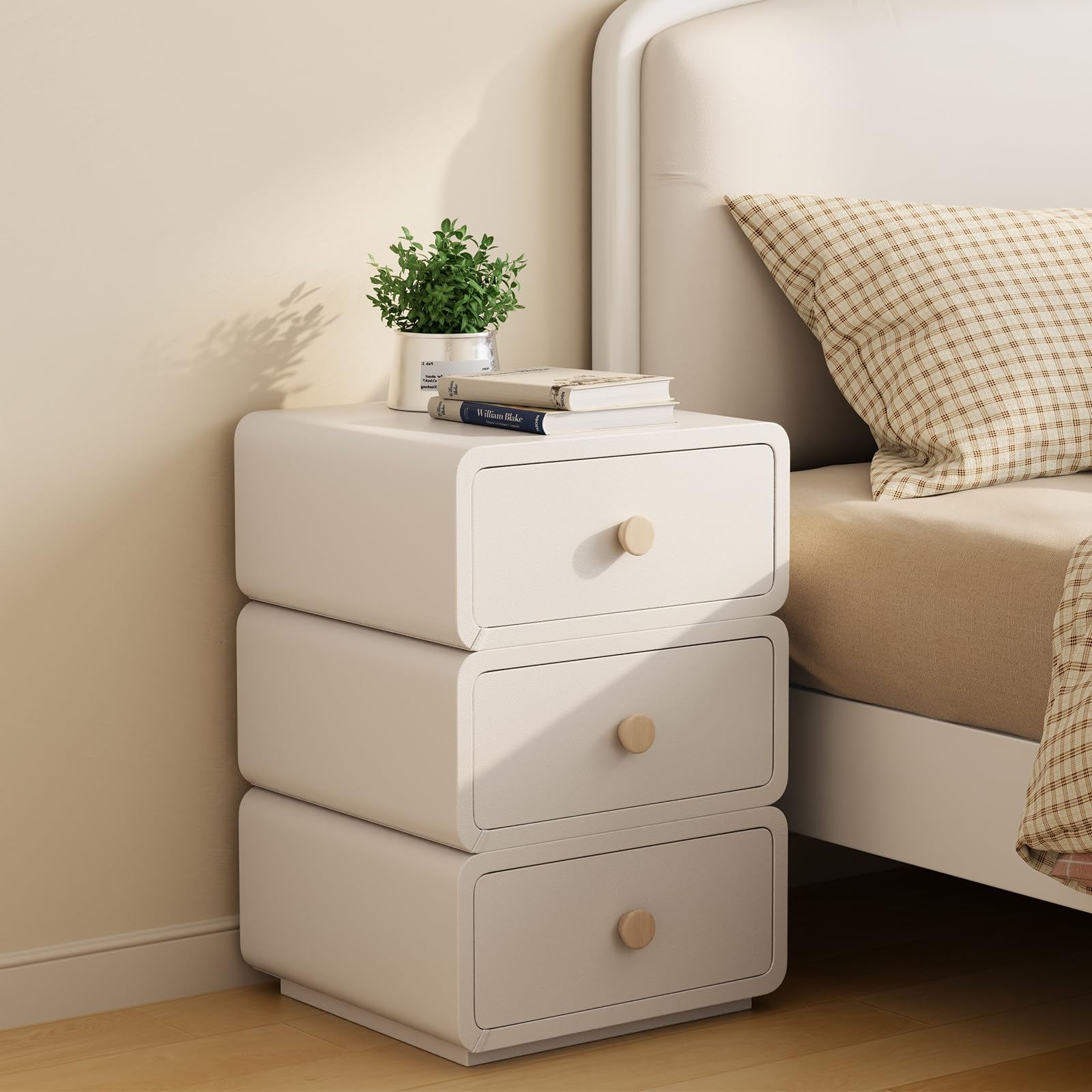 Solid Wood Nightstand - White Bedside Table with Leather Surface, Small Nightstand with Drawers for Bedroom 16" White 3-drawer