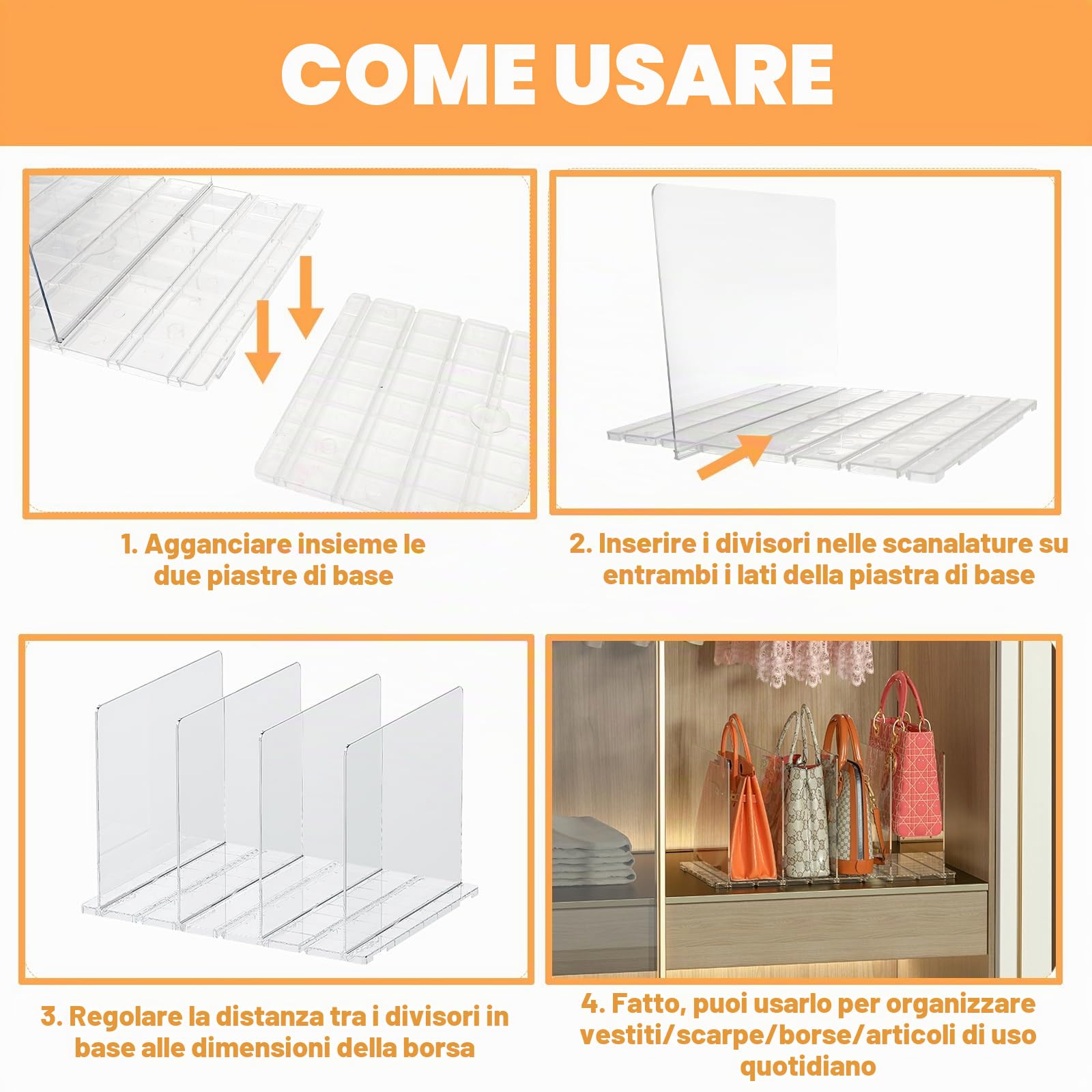 8 Pezzi Divisori Per Armadio Porta Borse Organizer Rimovibile E Regolabile Trasparente Mensole Interno Borse, Vestiti, Scarpe, Con Base