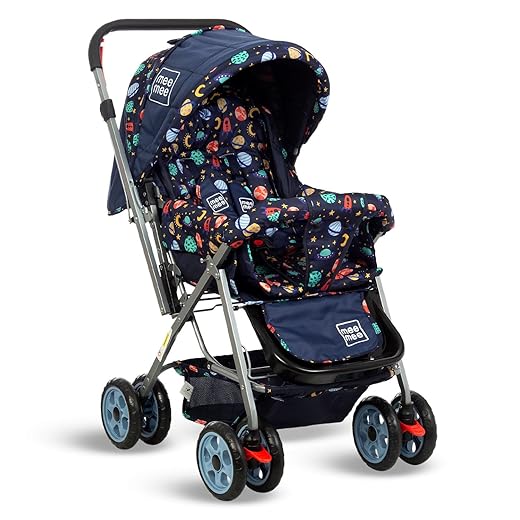 Mee Mee Little Explorer Baby Stroller / Pram for 0 to 3 Years, New Born / Kids, 5 Point Safety Harness, Adjustable backrest, 360 Swivel Wheel, Large storage basket, Reversible Handlebar (Modern, Navy Blue)