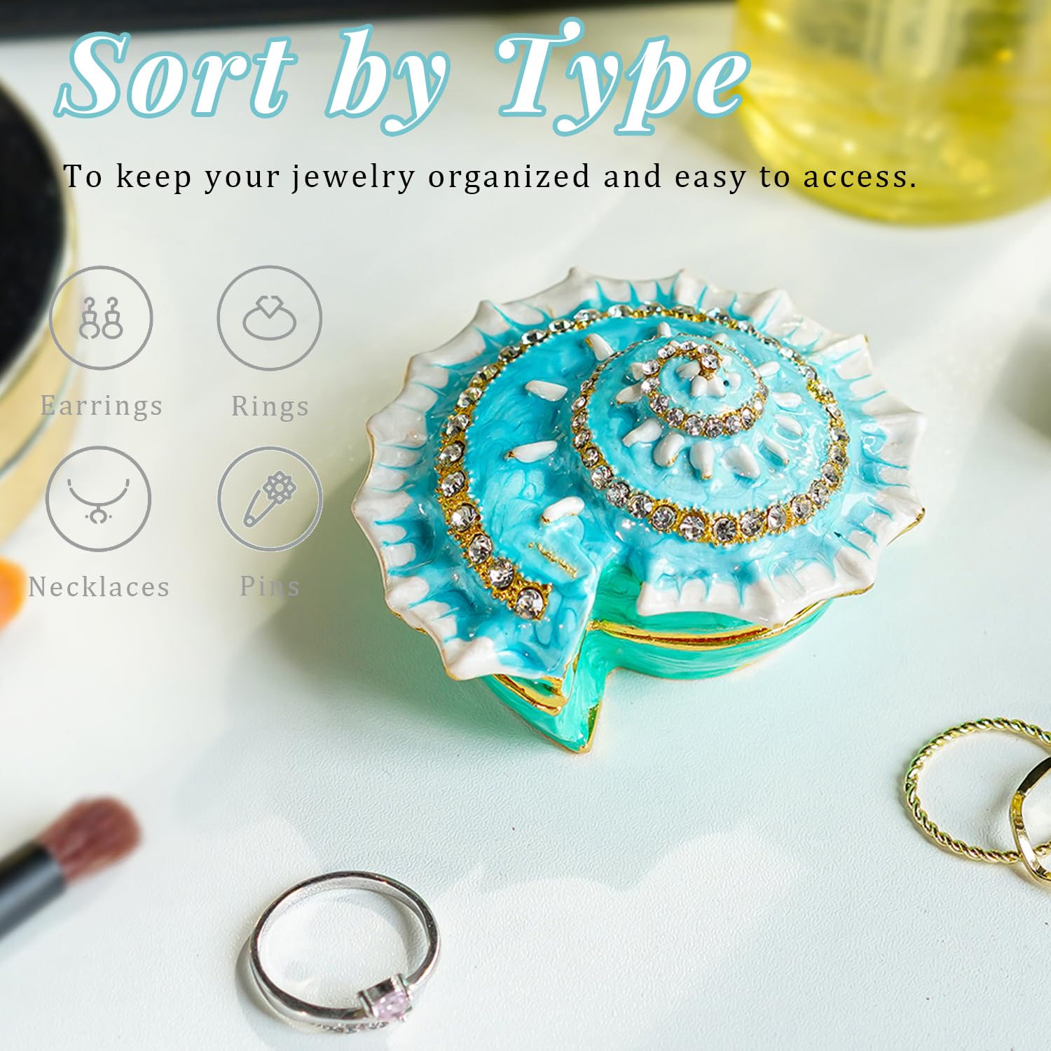 H&D Hyaline&Dora HYALINE & DORA Handmade Conch Jewelry Box, Hinged Trinket Box Ring Earring Necklace Jewelry Organizer, Diamond Bejeweled Storage, Wedding Party Keepsake Dressing Table Decor