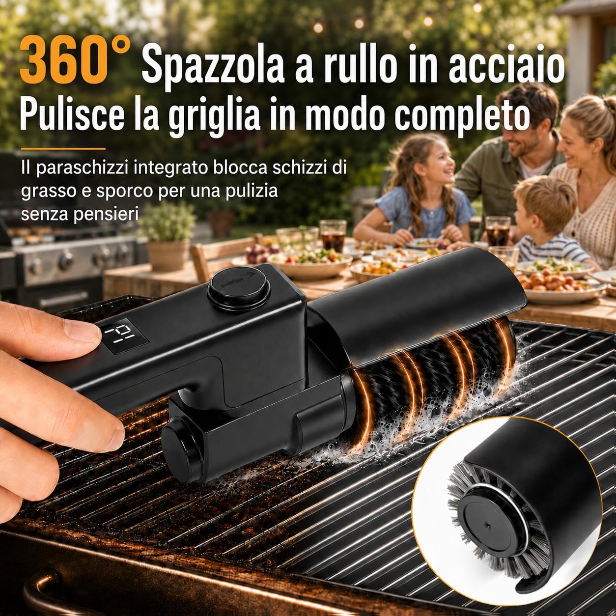 Spazzola Elettrica per Barbecue Senza Fili Angolo 270° Regolabile | 3 livelli pulizia, durata 90 min, impermeabile IPX7, testine acciaio inox e nylon, USB-C, grigliate e barbecue carbonella