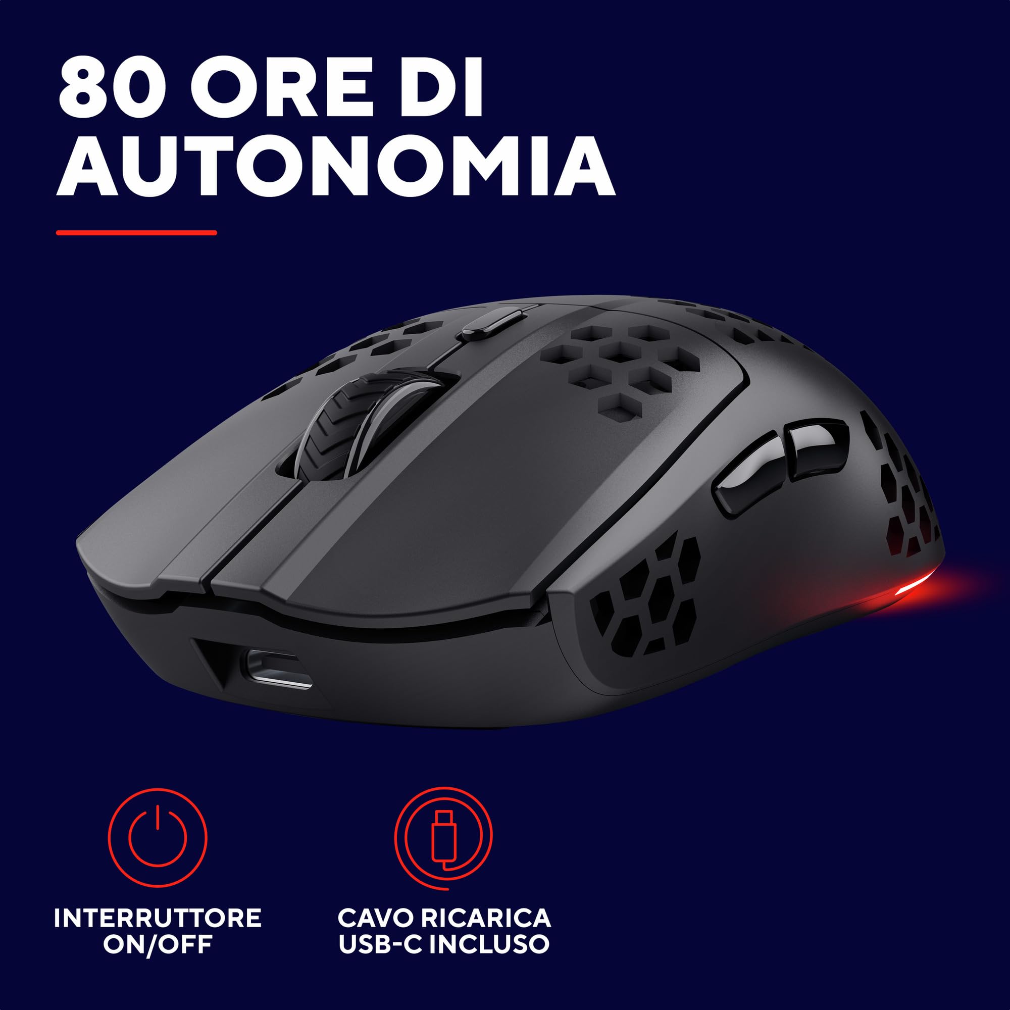 Trust Gaming GXT 929 Helox Mouse Gaming Wireless Superleggero 75g, 80h di Durata Batteria, 2.4GHz Ricevitore USB, Regolazione DPI (800-4800), Illuminazione LED, Mouse Wireless Ricaricabile - Nero