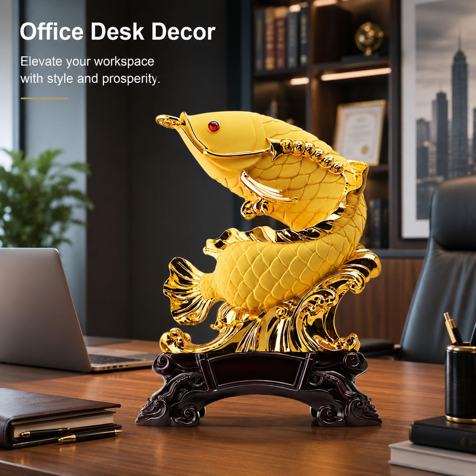 Złota figurka feng shui arowana ryba bogactwo monety, figurka z