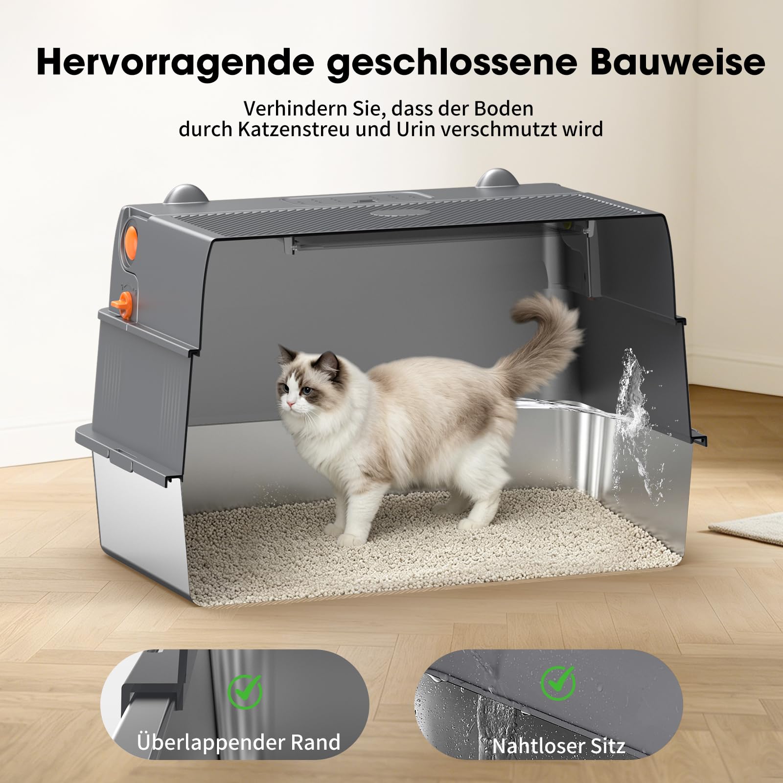 Edelstahl Katzentoilette Geschlossen 100° Klappdeckel,Dunkelgrau | Metallwanne, Vollständige Öffnung, Leichte Reinigung, 55L Volumen, Stabil Für Große Katzen