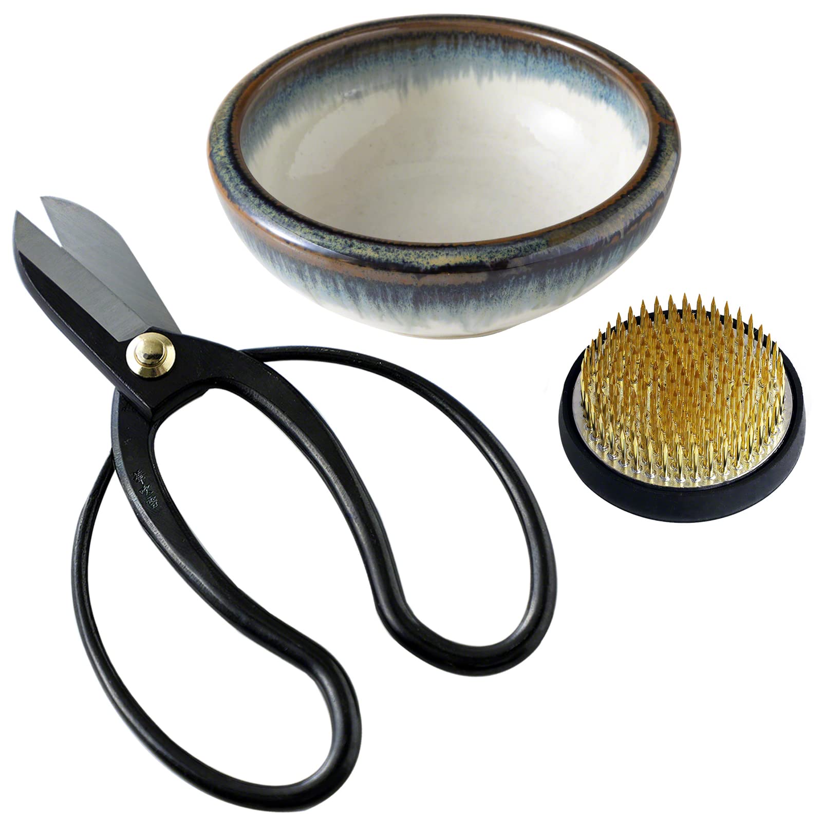 Wazakura Made in Japan Ikebana Floral Arrangement Kit. Koryu Scissors, Brass Kenzan, Minoyaki White & Blue Ceramic Flower Vase (Koryu, White & Blue