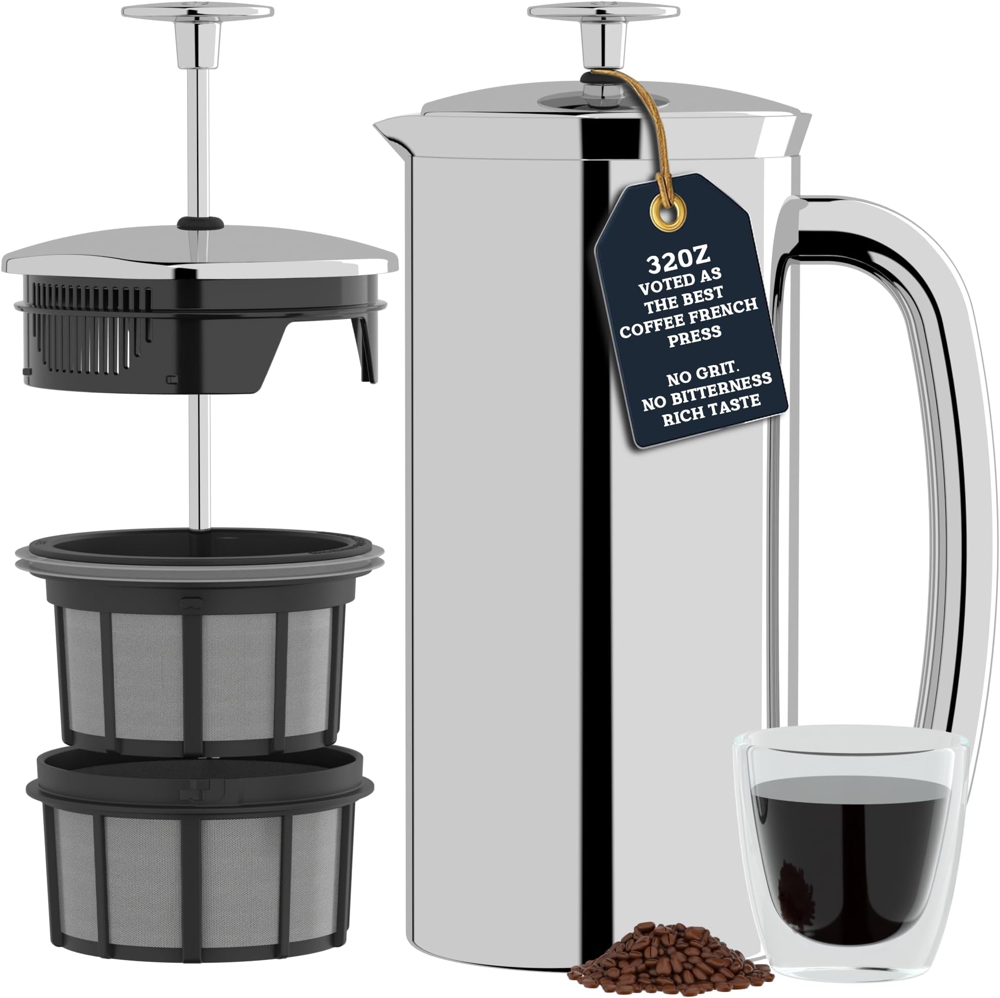 ESPRO P7 French Press Stainless Steel 304 – Patented Double Walled Micro-Filter Insulated French Press Coffee Maker, Grit-Free Brew - Heat Resistant Plastic Free Coffee Maker, Polished (32oz)