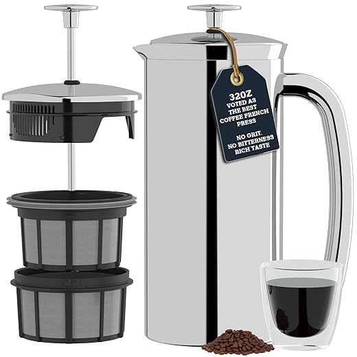 ESPRO - P7 French Press - Double Walled Stainless Steel Insulated Coffee and Tea Maker with Micro-Filter, Keep Drinks Hot for Hours, Perfect for Home or Travel (Polished Stainless Steel, 32 Ounce)