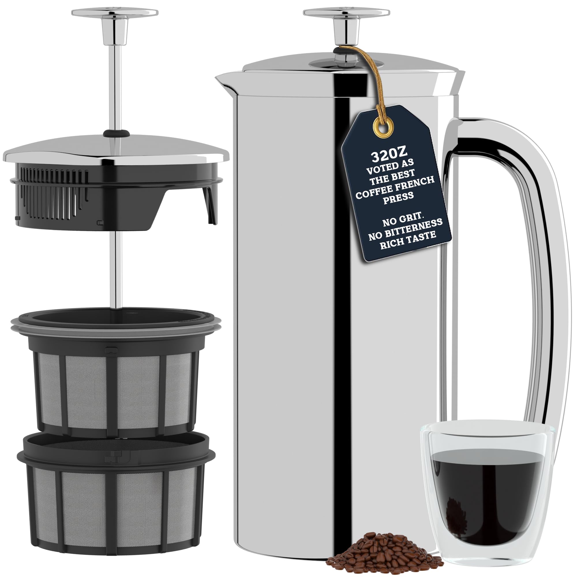 ESPRO P7 French Press Coffee Maker - Double-Walled Stainless Steel Insulated with Micro-Filter, 32 Ounces, Polished Stainless Steel
