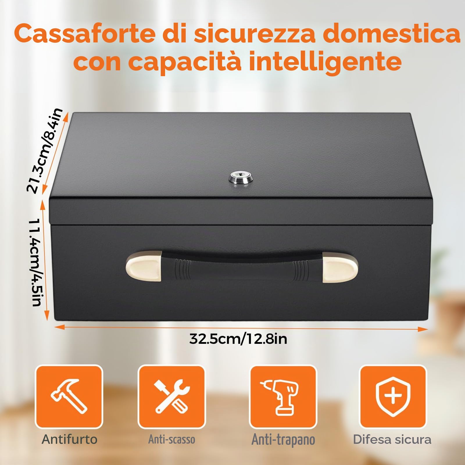 Cassaforte Piccola con Chiave,18 L Ignifugo Impermeabile Prova di Scasso Portatile Mini con Maniglia per Casa Ufficio Hotel Armadio Custodire Denaro Contanti Gioielli Documenti 15,5 X 36,2 X 28,4 cm