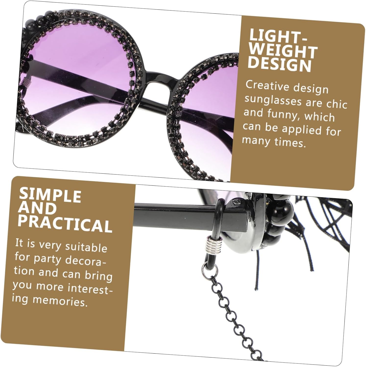 Beavorty Vintage Round Tassel Sunglasses for Party Cosplay Photo Shoot Lightweight Chic Eyewear with Pearl Rhinestone Decoration for Women Men